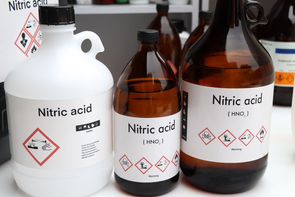 Nitric acid, Hazardous chemicals and symbols on containers